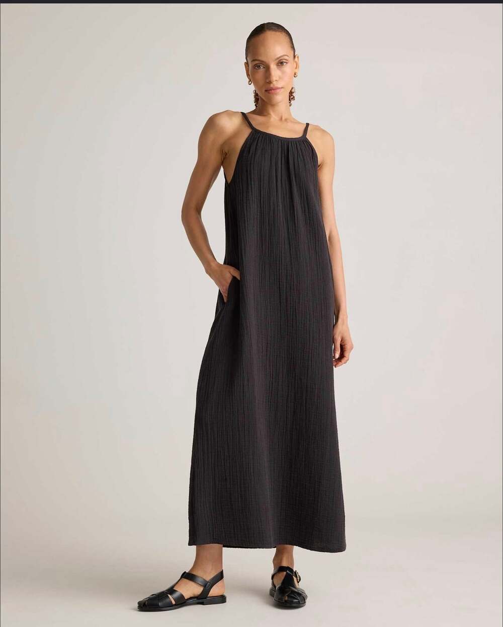 Quince Black Organic Cotton Gauze Maxi Dress Womens Small Sleeveless Boho